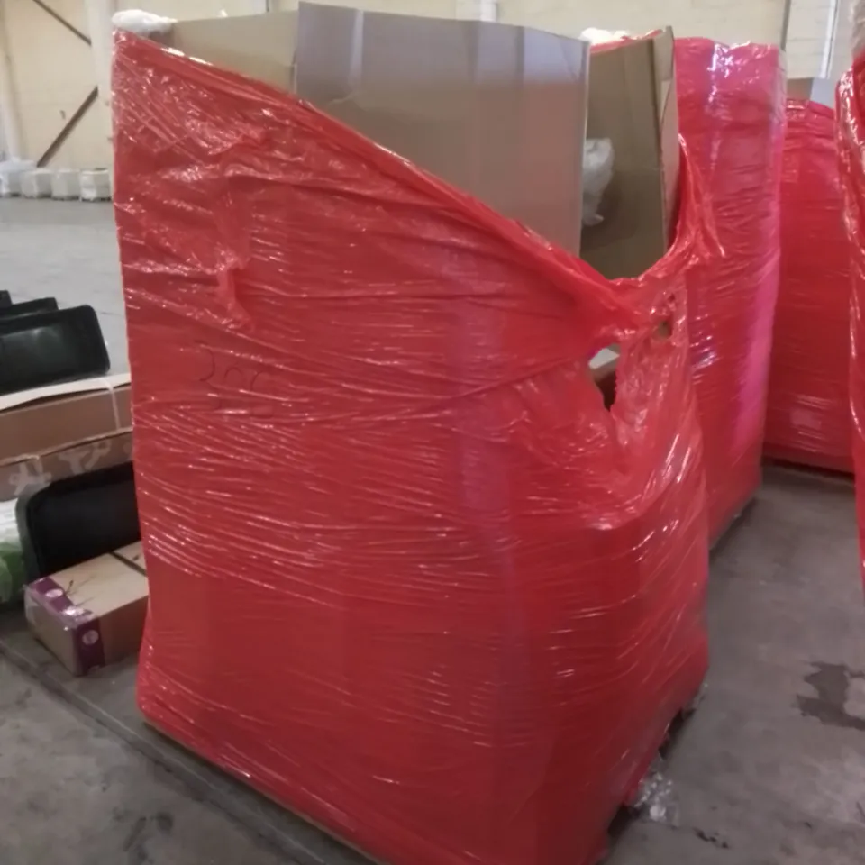 PALLET CONTAINING ASSORTED HOUSEHOLD & HOME IMPROVEMENT PRODUCTS. INCLUDES MIRROR, AIR MATTRESS, GARMENT STEAMER, GARDEN TOOLS, PORTABLE GRILL ETC 