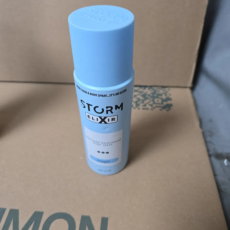 APPROXIMATELY 12 ASSORTED AEROSOLS INCLUDING STORM ELIXIR BODY SPRAY , COLOUR FORCE CONVICT ORANGE MATT FINISH AND FEMFRESH SPRAY 