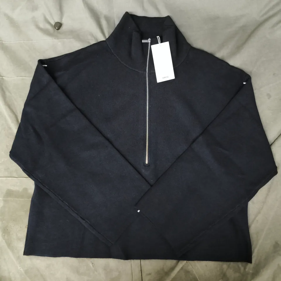 MANGO ZIP-NECK LONG-SLEEVE TOP IN DARK NAVY SIZE SMALL