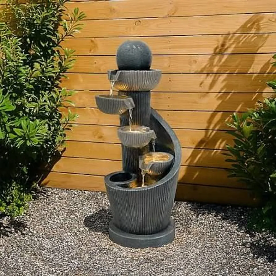 BOXED OUTDOOR WATER FEATURE GARDEN FOUNTAIN LED PLUG-IN PUMP SPIRAL SPRINGS