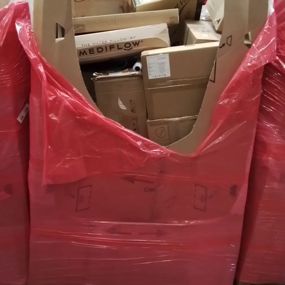 PALLET CONTAINING VARIOUS ASSORTED HOUSEHOLD ITEMS TO INCLUDE: CHAMFERING MACHINE, COMPUTER MONITOR, AUDIO TURNTABLE, LAPTOP COOLER AND LOTS MORE UNMARKED BOXED ITEMS 