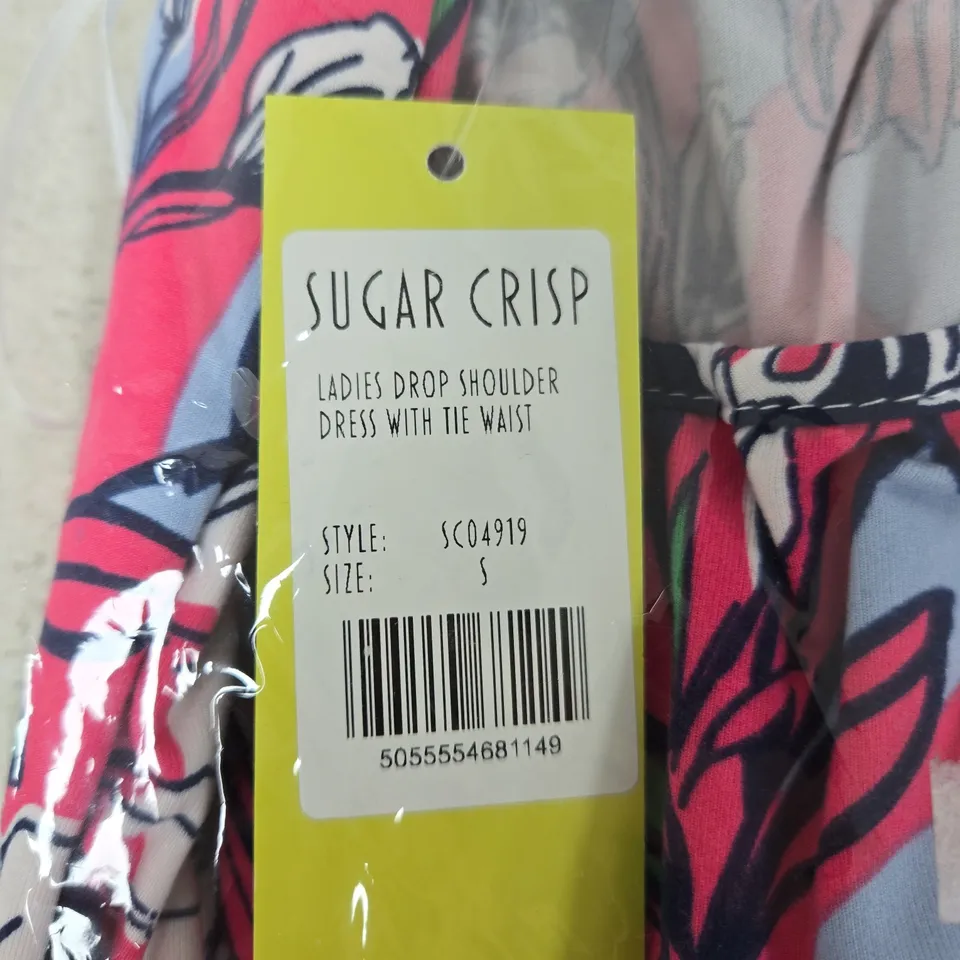 SUGAR CRISP LADIES' DROP SHOULDER DRESS WITH TIE WAIST – FLORAL PRINT – UK SIZE S – STYLE SC04919