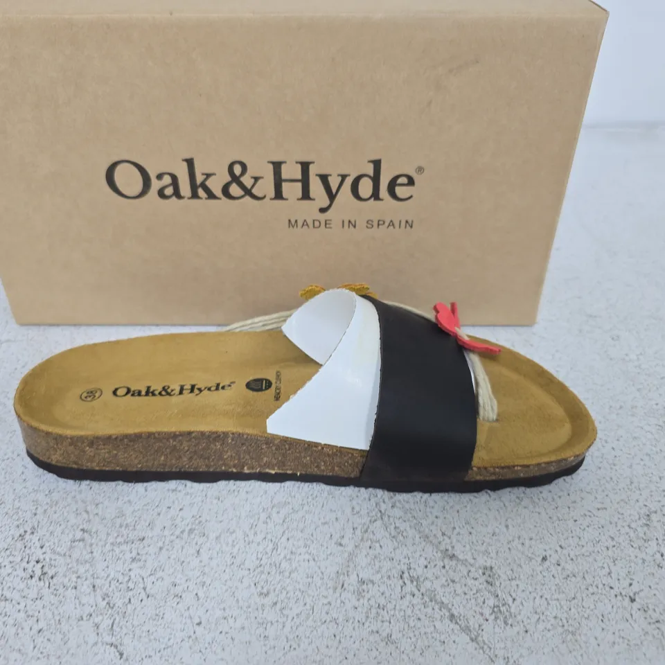 OAK & HYDE SANDALS – WOMEN'S, DARK BROWN CORAL/BLACK & WHITE STRAPS, UK 5 (EU 38) – BOXED
