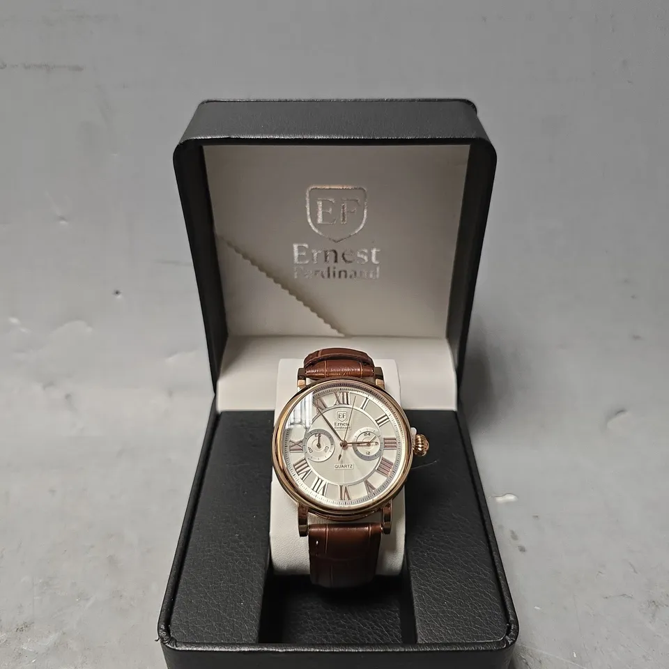 ERNEST FERDINAND WATCH – FUNCTIONING SUB DIALS – LEATHER STRAP  GIFT BOX