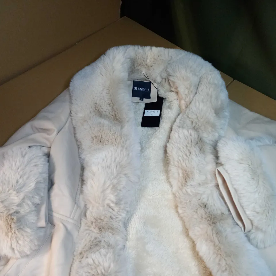 GLAMDOLL BEIGE FAUX FUR LINED/FAUX LEATHER COAT - LARGE