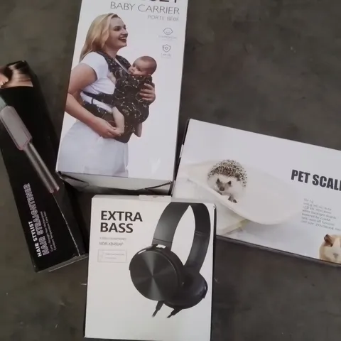 CAGE CONTAINING LARGE QUANTITY OF ASSORTED BOXED HOUSEHOLD PRODUCTS INCLUDING: BABY CARRIER, PET SCALES, EXTRA BASS HEADPHONES,  HAIR STRAIGHTENERS AND LOTS MORE
