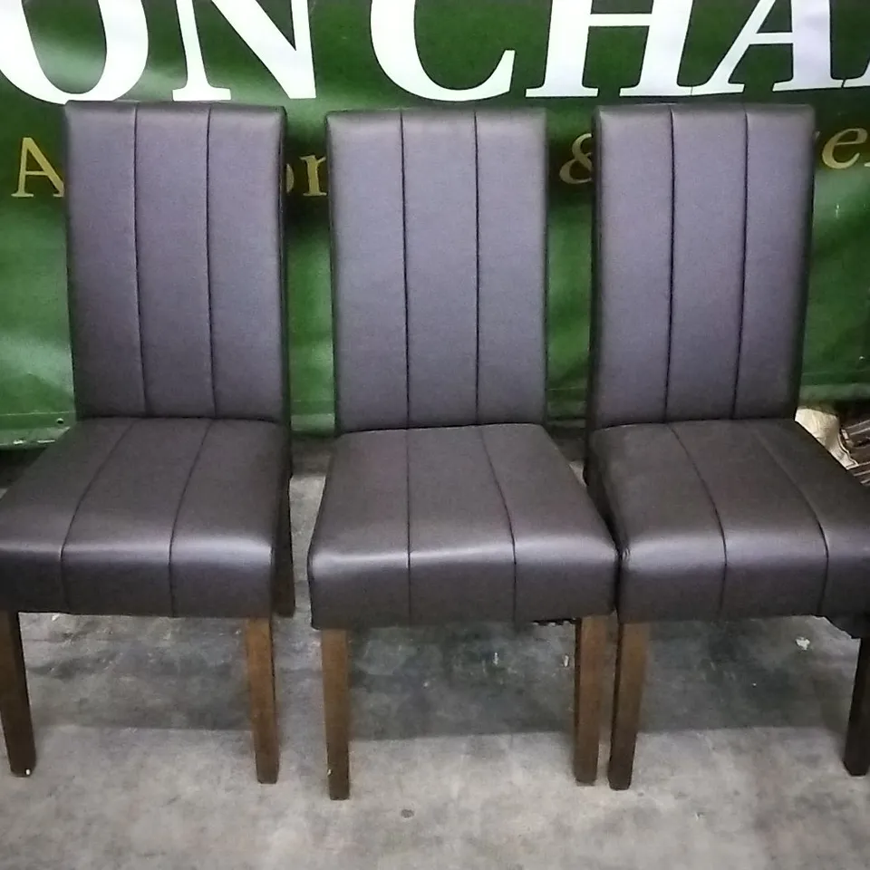 SET OF 3 CHOCOLATE BROWN LEATHER DINING CHAIRS WITH WOODEN LEGS