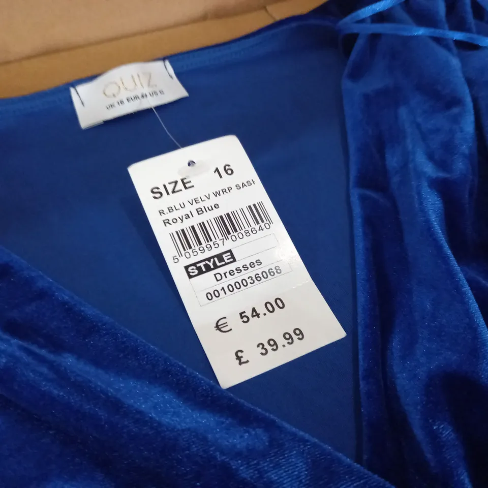 QUIZ BLUE VELVET WRAP DRESS - 16