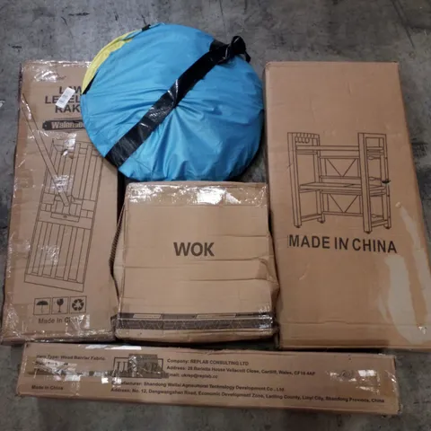 PALLET CONTAINING ASSORTED PRODUCTS INCLUDING POP UP TENT, MICROWAVE STAND, WEED BARRIER FABRIC, WOK & LAWN LEVELLING RAKE