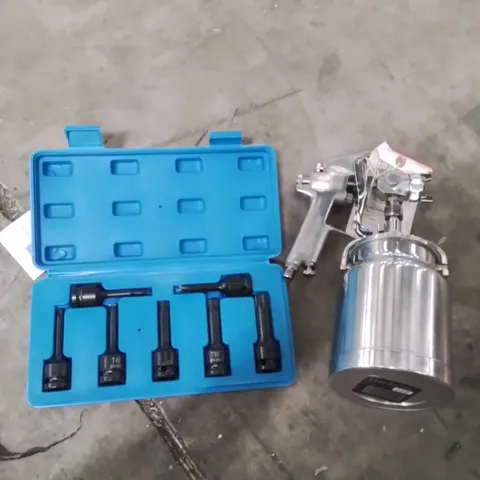 BOX OF ASSORTED ITEMS TO INCLUDE;SPRAY GUN,SOCKET SET