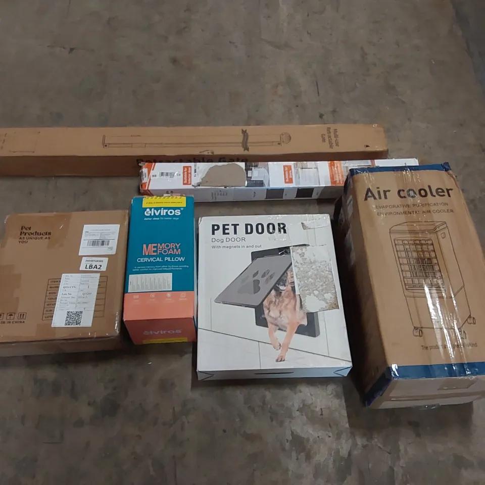 PALLET OF ASSORTED ITEMS INCLUDING: AIR COOLER, RETRACTABLE SAFETY GATES, SOFT PET CRATE, PET DOOR, MEMORY FOAM CERVICAL PILLOW ECT