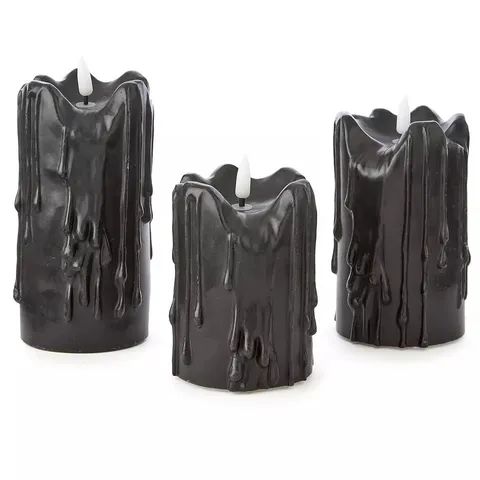 FESTIVE SET OF 3 BLACK LED HALLOWEEN CANDLES
