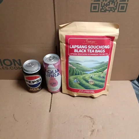 APPROXIMATELY 12 ASSORTED FOOD AND DRINKS ITEMS TO INCLUDE - BLACK TEA BAGS, AQUA LIBRE RASPBERRY & BLACKCURRENT SPARKLING WATER, PEPSI MAX CAFFEINE FREE ETC 