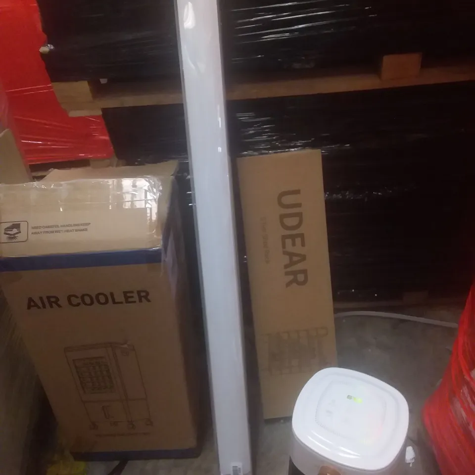 PALLET OF ASSORTED ITEMS INCLUDING 5 TIER SHOE RACK, AIR COOLER, BLIND