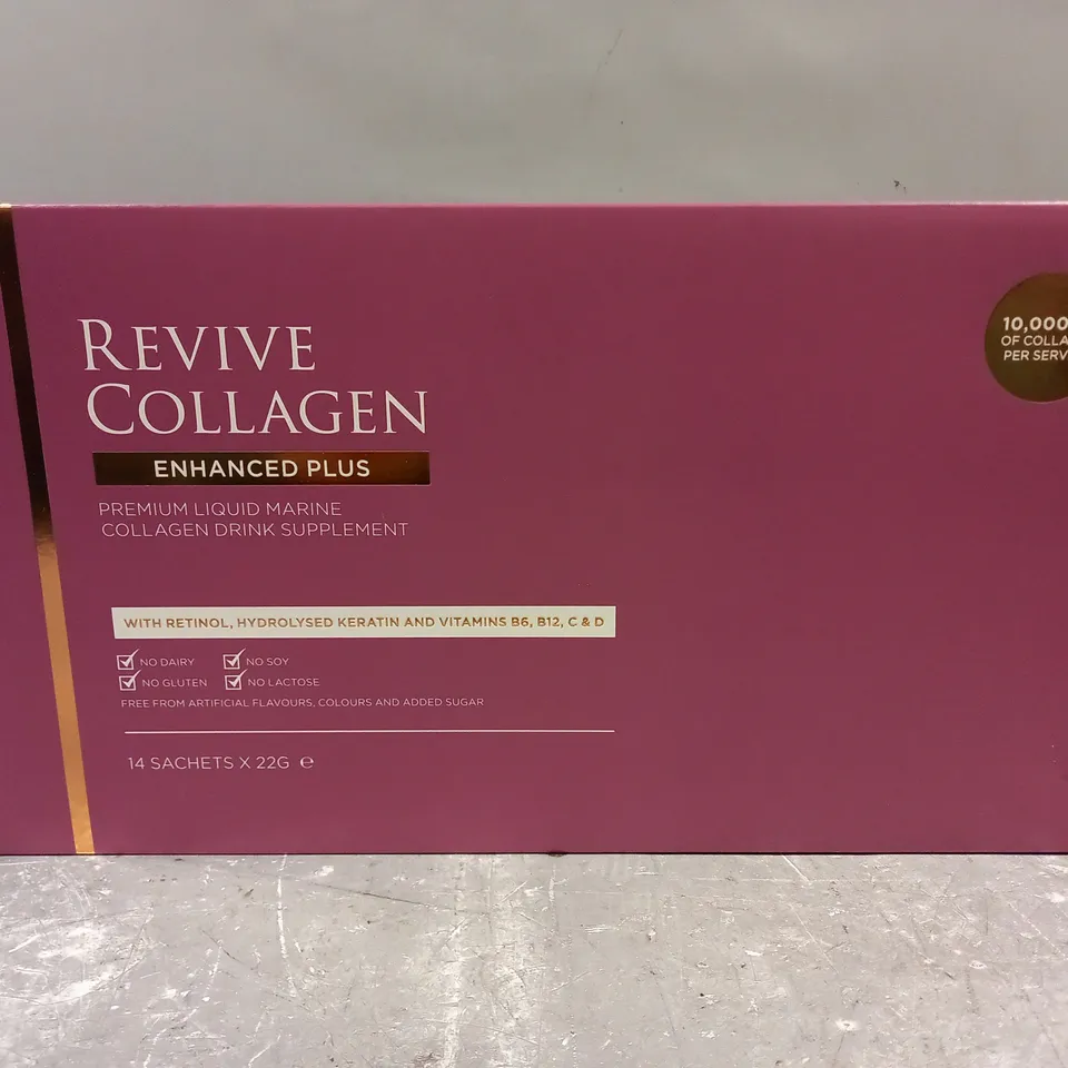 SEALED REVIVE COLLAGEN ENHANCED PLUS LIQUID MARINE DRINK SUPPLEMENT - 14 X 22G SACHETS 