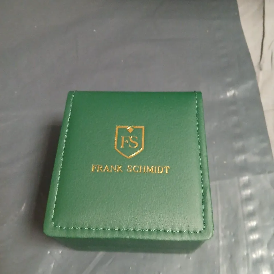 FRANK SCHMIDT WRISTWATCH WITH WHITE DIAL AND BLACK LEATHER STRAP – GREEN PRESENTATION BOX