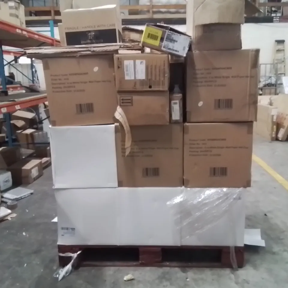 PALLET OF CATERING SUPPLIES TO INCLUDE;PLASTIC CUPS,CLEANING HAND-WASH,CUTLERY,BOWLS