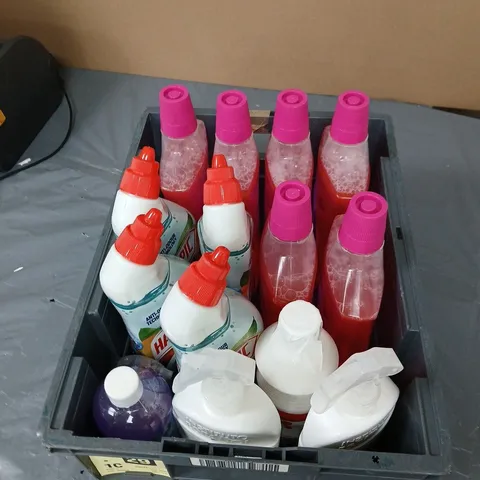Assorted cleaning products in crate – floor cleaner, toilet cleaner & air fresheners