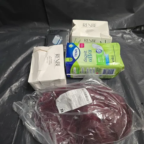 APPROXIMATELY 5 ASSORTED COSMETICS ITEMS TO INCLUDE WIGS , TENA PADS , FACE TOWELS , ETC 