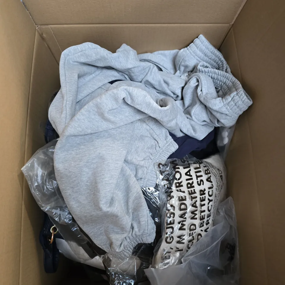 LARGE BOX OF APPROXIMATELY 25 ASSORTED CLOTHING ITEMS IN VARIOUS COLOURS, STYLES AND SIZES - COLLECTION ONLY