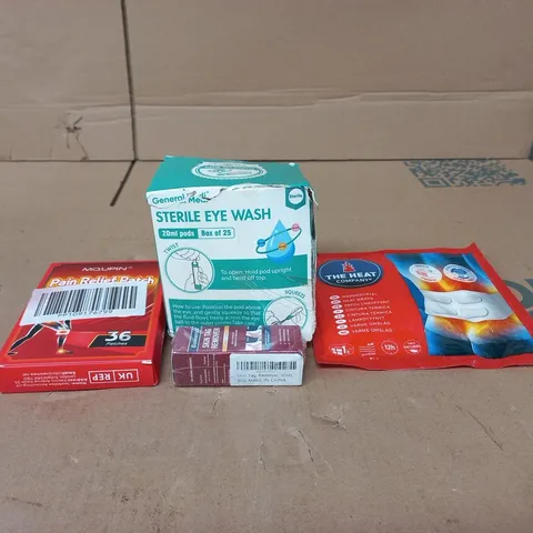 TOTE OF APPROXIMATELY 15 ASSORTED ITEMS TO INCLUDE STERILE EYE WASH, PAIN RELIEF PATCH, SKIN TAG REMOVER, HEAT WRAPS ETC