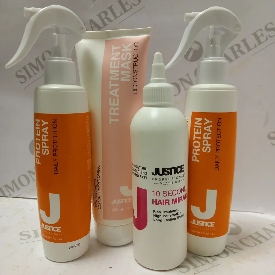 LOT OF 4 ASSORTED JUSTICE PROFESSIONAL PRODUCTS TO INCLUDE 2 X PROTEIN SPRAYS, TREATMENT MASK, HAIR MIRACLE RICH TREATMENT