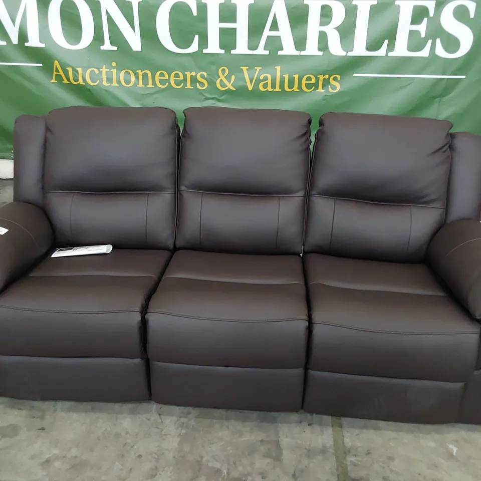 DESIGNER ALBION MANUAL RECLINING THREE SEATER SOFA BROWN FAUX LEATHER