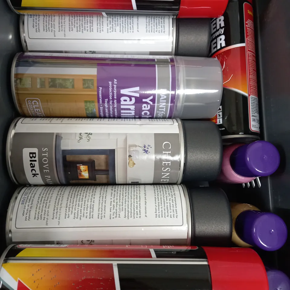 BOX OF APPROX 15 ASSORTED LIQUIDS TO INCLUDE - YACHT VARNISH, BLACK SPRAY PAINT, SPIDER SPRAY ETC