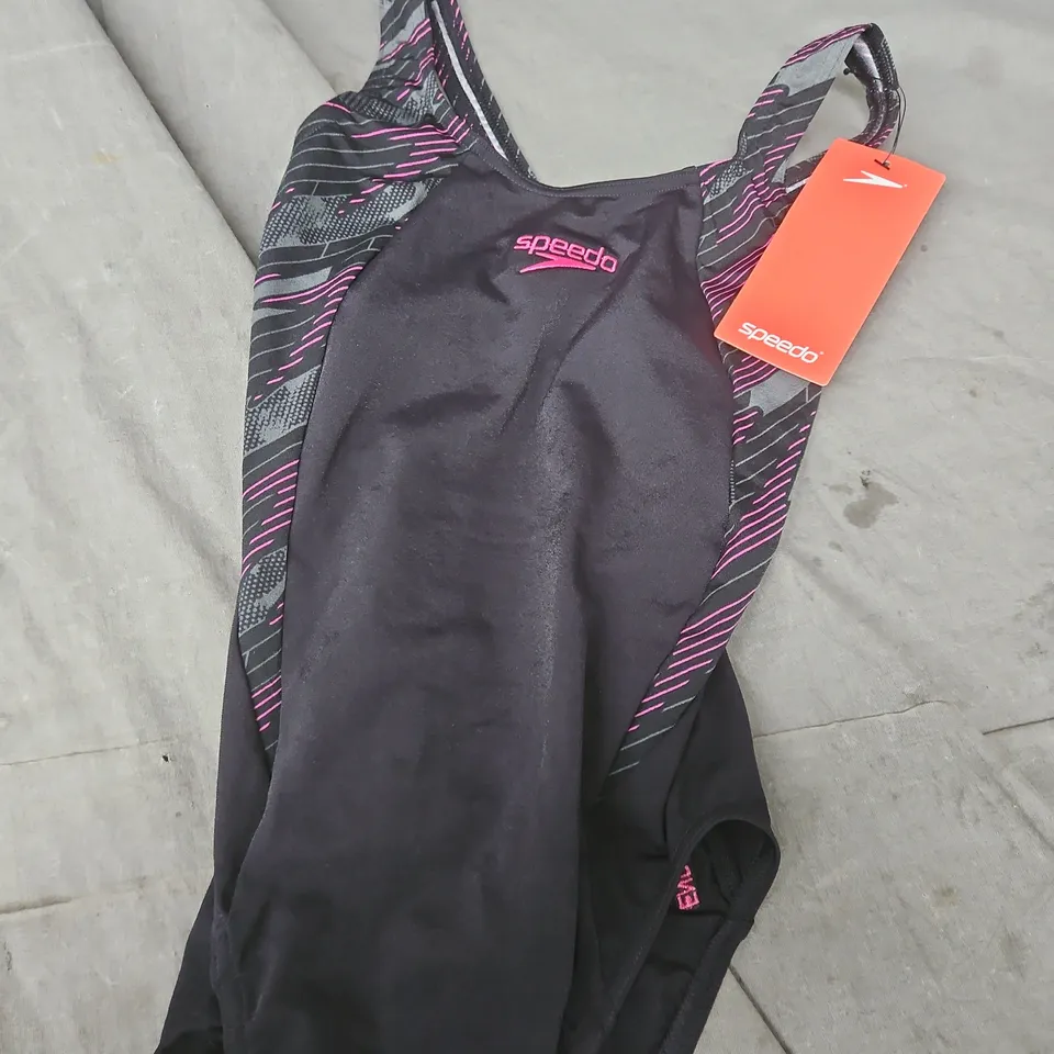 SPEEDO ENDURANCE+ ONE-PIECE SWIMSUIT – BLACK WITH PINK ACCENTS (UK 8 / EU 30)