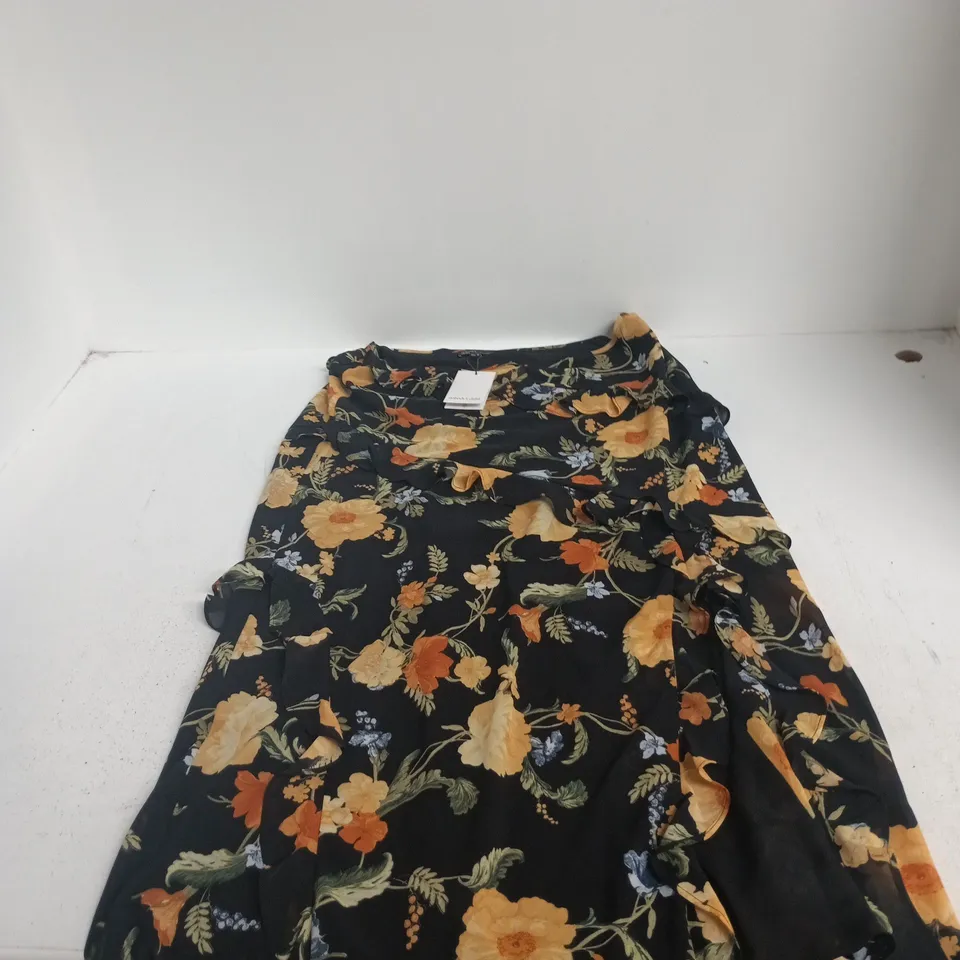NOBODY'S CHILD FLORAL PRINT SKIRT– BLACK WITH ORANGE & YELLOW FLOWERS – UK 16