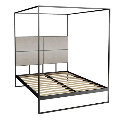 BRAND NEW FEDERICO WEATHERED OAK VENEER DOUBLE CANOPY BED - BLACK FRAME CANOPY & WEATHERED OAK VENEER HEADBOARD (6 BOXES)