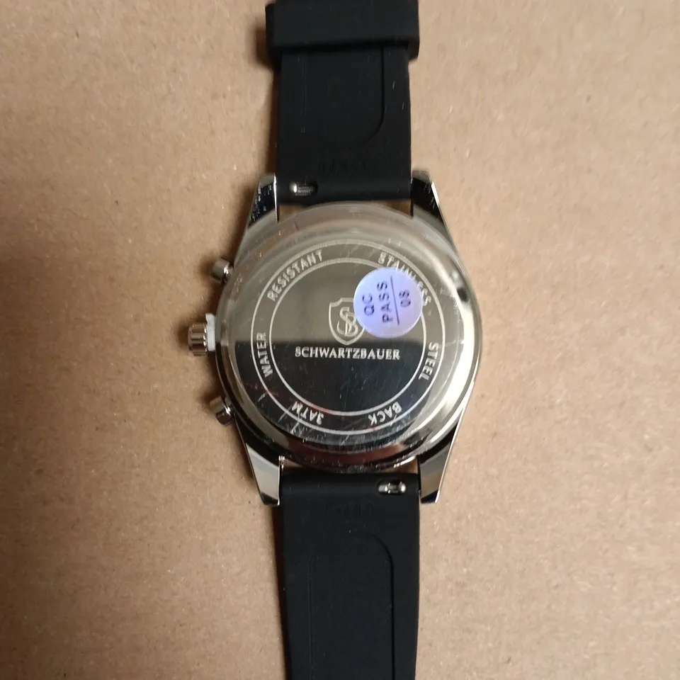 BOXED SCHWARTZBAUER CHRONOGRAPH WRISTWATCH – SILVER DIAL, BLACK RUBBER STRAP