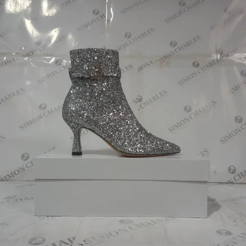 BOXED PAIR OF CAMILLA ELPHICK CORA POINTED TOE HEELED BOOTS IN METALLIC SILVER GLITTER EFFECT EU SIZE 36