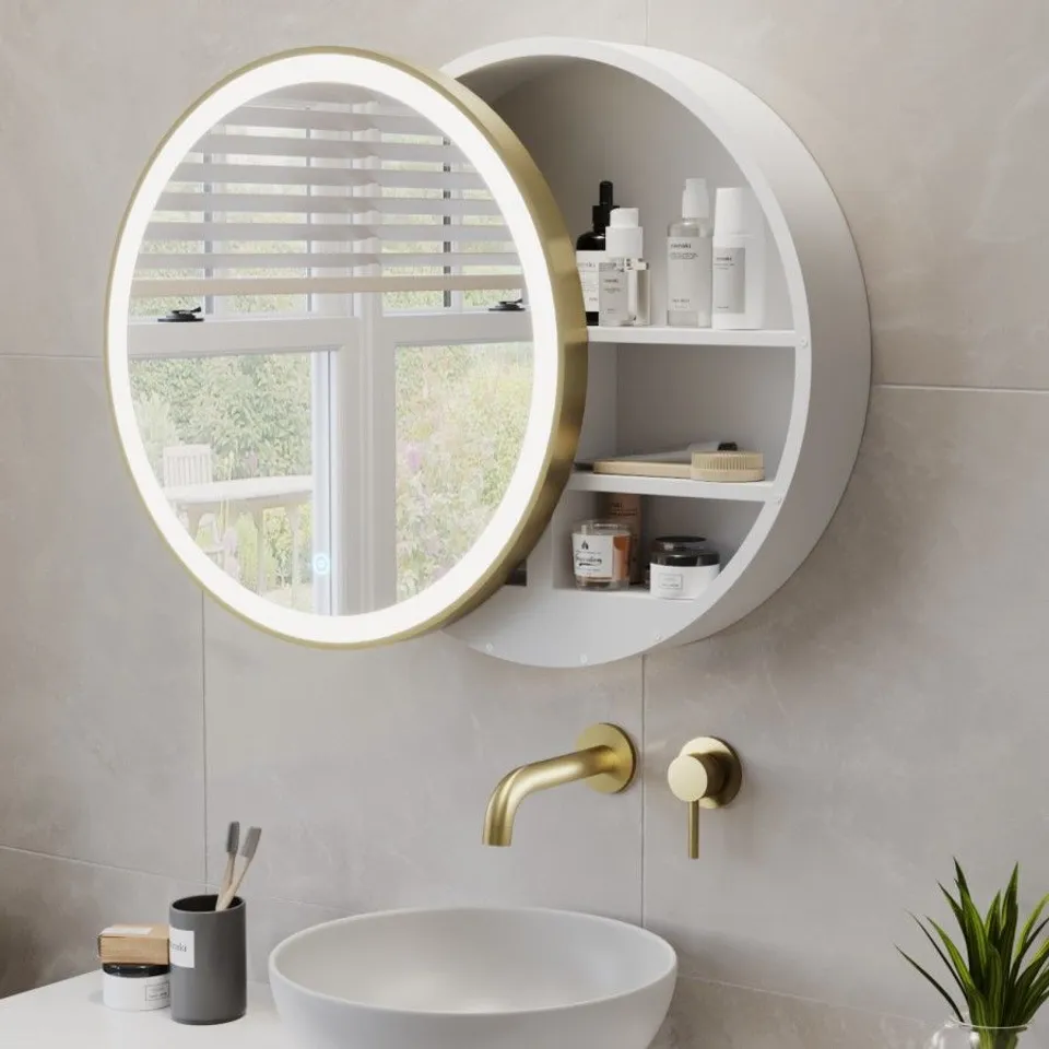 BOXED BRASS SLIDING MIRRORED BATHROOM CABINET WITH LIGHTS 600MM - ELARA