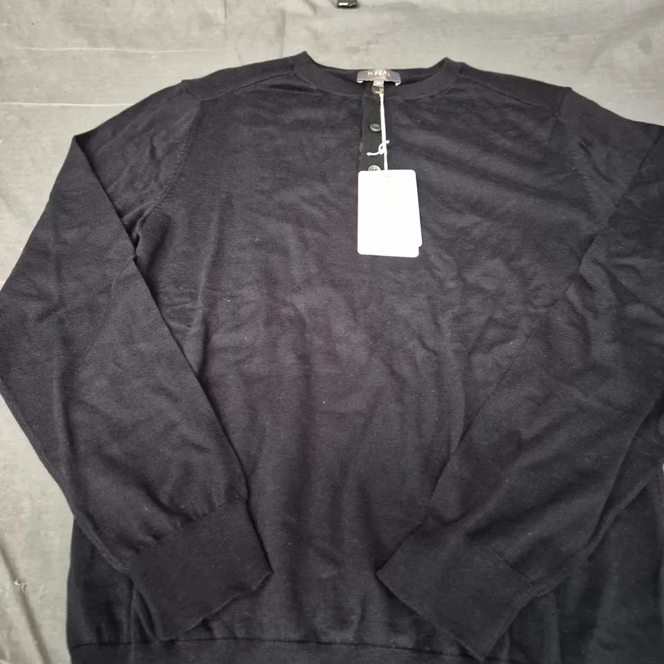 N.PEAL LONDON COTTON/CASHMERE HENLEY – BLACK, AG-7513, SIZE MEDIUM