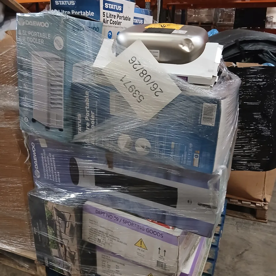 PALLET OF ASSORTED PRODUCTS TO INCLUDE; SPORTS PRO TRAMPOLINE, DAEWOO COOLER, HUMIDIFIER AND FAN, SCREW FREE SOFA SET AND STATUS PORTABLE AIR COOLER