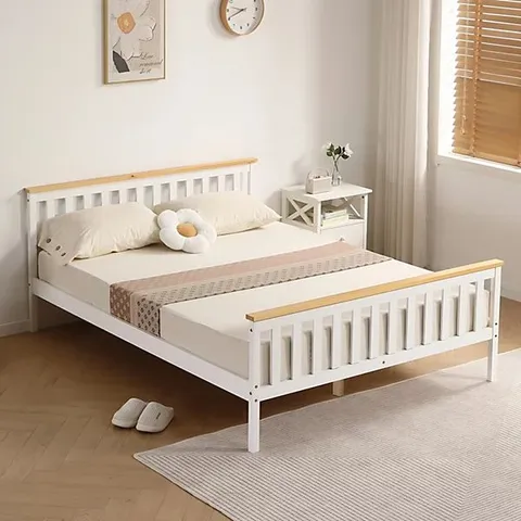 BOXED COMFY LIVING 5FT WHITE WOODEN BED FRAME WITH CARAMEL BAR (2 BOXES)