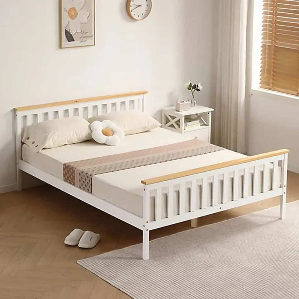 BOXED COMFY LIVING 5FT WHITE WOODEN BED FRAME WITH CARAMEL BAR (2 BOXES)
