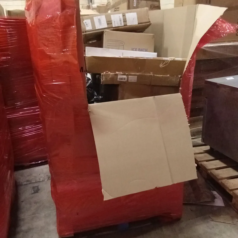 PALLET OF ASSORTED HOUSEHOLD GOODS AND PRODUCTS TO INCLUDE; WALL CLOCK, FURNITURE, MONITOR STAND, COMPUTER MONITOR ETC