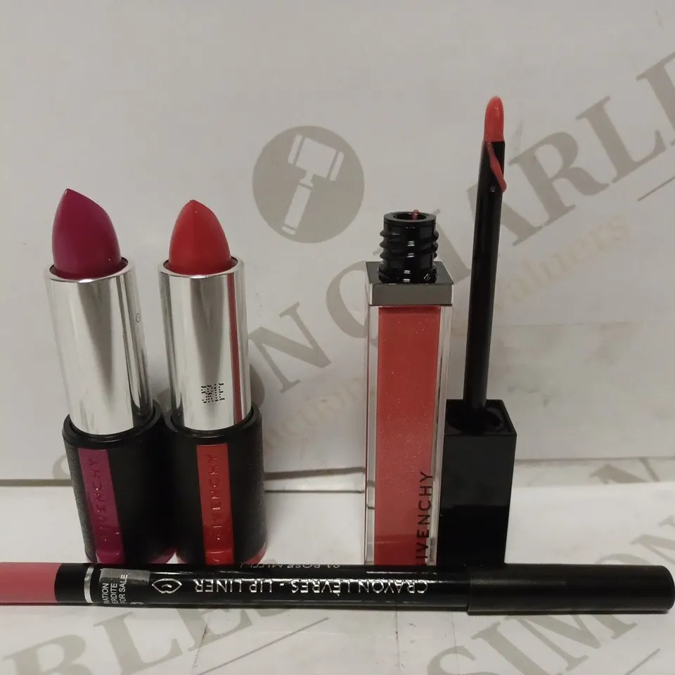 LOT OF APPROXIATELY 18 GIVENCHY ITEMS TO INCLUDE 6 LIP GLOSS IN SEXY PINK 08, 5 MANDARINE BOLERO 304 LIPSTICK, 5 01 ROSE MUTIN LIP LINERS, 2 FRAMBOISE COUTURE 323 LIPSTICKS