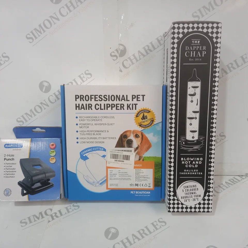 BOX OF APPROXIMATELY 20 ASSORTED HOUSEHOLD ITEMS TO INCLUDE 2-HOLE PUNCH, PROFESSIONAL PET HAIR CLIPPER KIT, GALILEO THERMOMETER, ETC