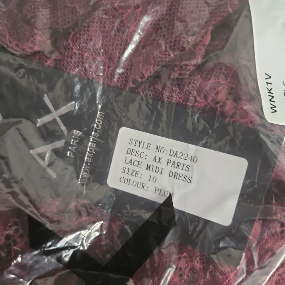 BAGGED AX PARIS LACE MIDI DRESS – PURPLE, UK SIZE 10