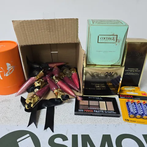 BOX OF APPROX 30 ASSORTED ITEMS TO INCLUDE GLO24K SERUM, BATTERIES, RIMMEL PALETTE, ETC