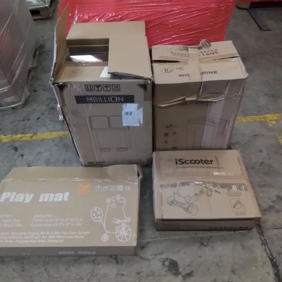 PALLET CONTAINING HOUSEHOLD & HOME IMPROVEMENT PRODUCTS. INCLUDES ELECTRIC HOT POT & GRILL, KIDS PLAY MAT, HOVERBOARD ATTACHMENT, PAPER SHREDDER, BIN ETC 