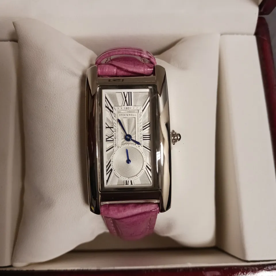 STOCKWELL RECTANGULAR LADIES WATCH WITH STAINLESS STEEL BACK AND PINK LEATHER STRAP IN BOX