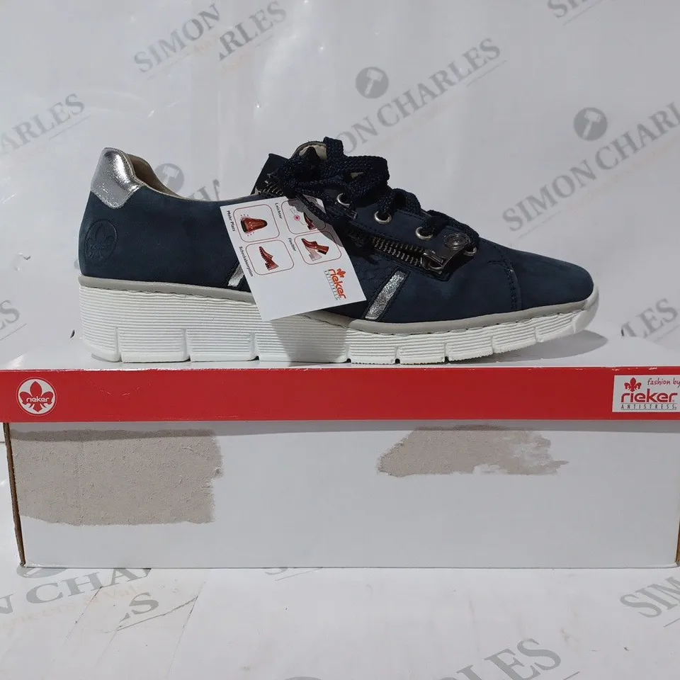 BOXED PAIR OF RIEKER WEDGE TRAINERS IN NAVY SIZE 6.5