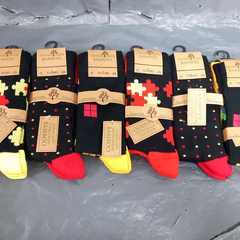 APPROXIMATELY 30 PACKS OF 6 PAIRS OF ALEXANDER GREEN BAMBOO SOCKS IN VARIOUS DESIGNS