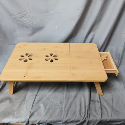 LIGHT WOOD ORIENTAL STYLE SMALL TABLE WITH DRAWER AND DECORATIVE FLOWER CUTOUTS. UNBOXED