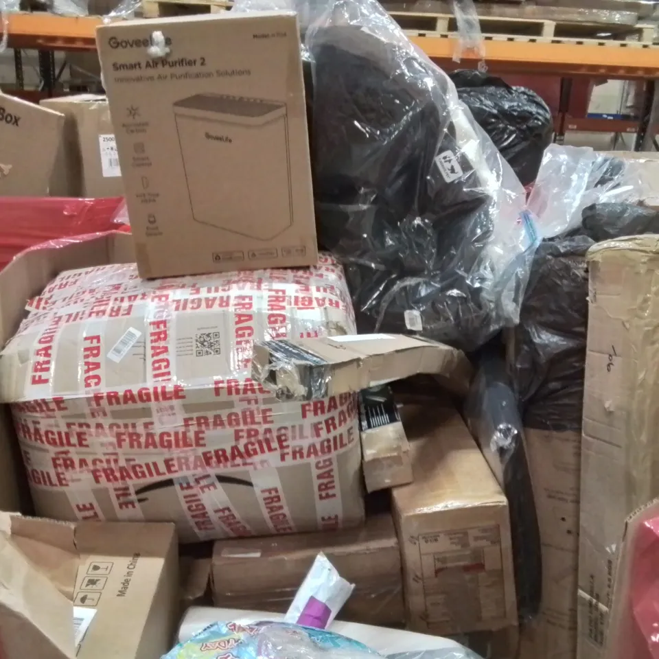PALLET CONTAINING VARIOUS ASSORTED BOXED HOUSEHOLD ITEMS TO INCLUDE: CHILDREN'S GAME FENCE, AQUARIUM BULBS, SMART AIR PURIFIER AND LOTS MORE UNMARKED BOXED ITEMS 