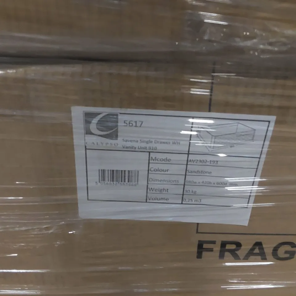 PALLET CONTAINING A LARGE QUANTITY OF BRAND NEW CALYPSO SAVENA SINGLE DRAWER VANITY BASES, CALYPSO WASHBASIN CABINET ECT